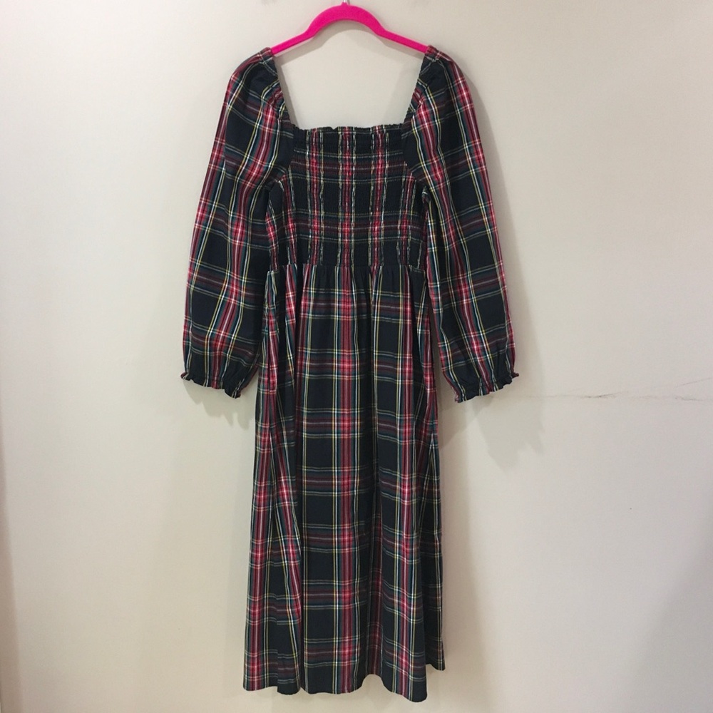 J.Crew Midi Dress Women S Tartan Plaid Smocked Square Neck Long Sleeve BM070 New - Picture 3 of 10